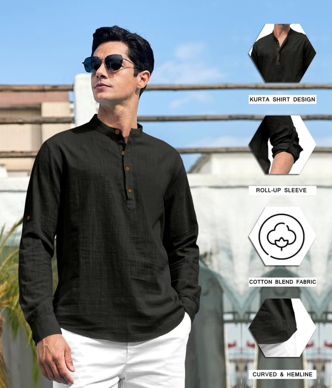 Image of ROYALSCOUT Men's Cotton Blend Solid Short Kurta with Band Collar and Half Button Front | Full Sleeve Relaxed Fit Traditional Top for Everyday and Occasion Wear