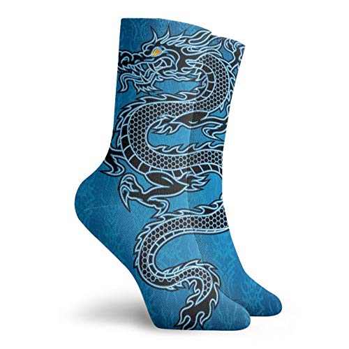 Japanese Dragon Funny Compression Socks Women and Men,Black Dragon On Blue Tribal Background Year Of The Dragon Themed Art,Best for Circulation,Running,Athletic,Nurse,Travel,Blue Black White -12 inch2