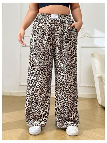 MakeMeChic Women's Plus Size Pants Leopard Print Slant Pocket Elastic Waist Straight Leg Trousers4
