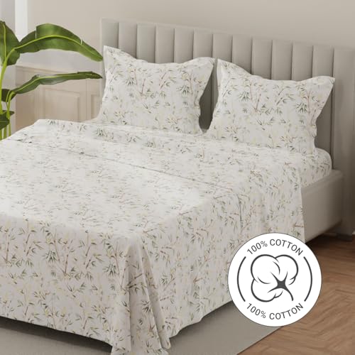 Image of Layers 100% Cotton Bedsheet for King Size Bed | Lumina Floret Collection | 144 TC Soft & Breathable | Printed with 2 Pillow Covers | Wrinkle Free & Colorfast | 3 Piece Bedding Set - Green & White