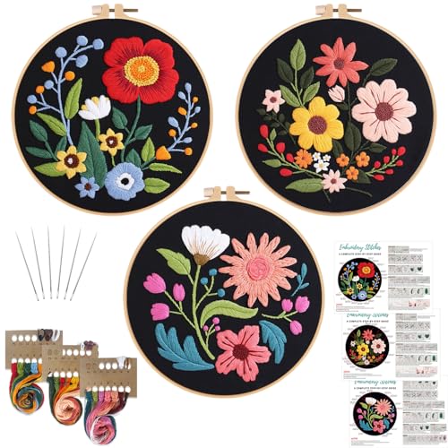 Louise Maelys 3 Sets Flowers Embroidery Kits for Beginners,Cross ...
