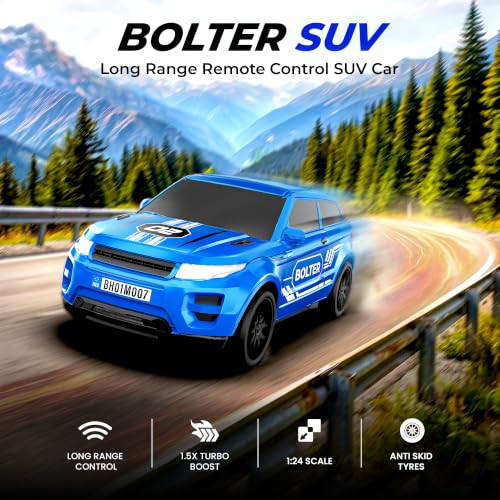 Image of Mirana Bolter SUV Remote Control RC Car for Kids | 1:24 Scale Racing Toy | with 1.5X Turbo Boost, LED Lights & Anti Skid Tyres | USB Type-C Rechargeable | Gift for Boys & Girls 4+ Years, Blue