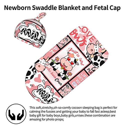 Image of Who Love Cows Newborn Swaddle Blankets with Hat Sets Newborn Receiving Blanket for Boy Girl Swaddle Sack Shower Infant Gift