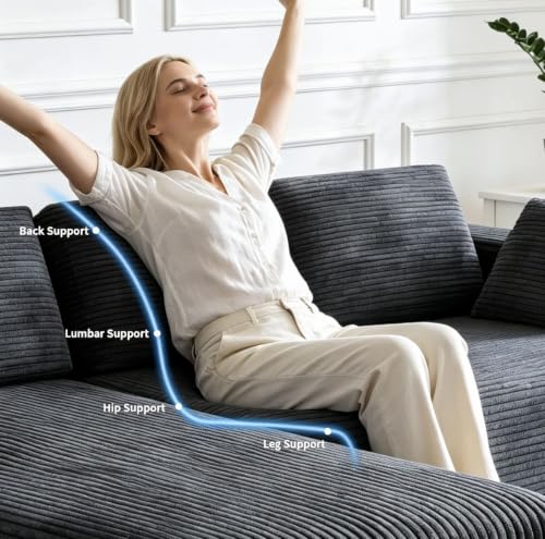 Image of 93 inch L-Shaped Modular Sectional Sofa with Chaise, Boneless Corduroy Cloud Couch with Deep Seat and Oversized Comfort, Flexible Module Combination for Living Room, No Assembly Required