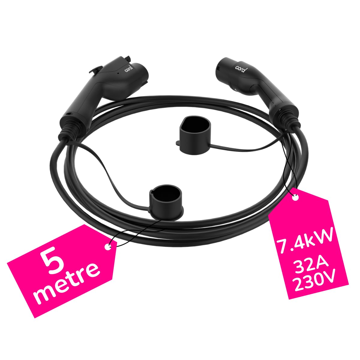Cord Type 1 EV Charging Cable, 5 Metre, 230V 32A 7.4kW, Single Phase, Type 2 to Type 1, Black