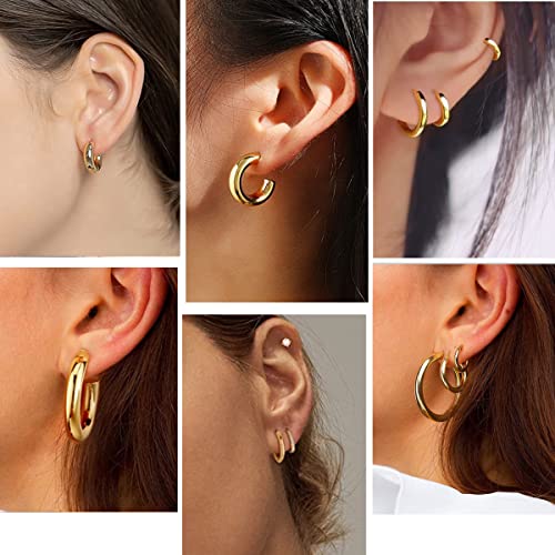 9 Pairs Chunky Gold Plated Hoop Earrings Lightweight 14K Gold Plated Hoops Earrings Minimalist Artificial Cubic Zirconia Huggie Earrings Set for Women2