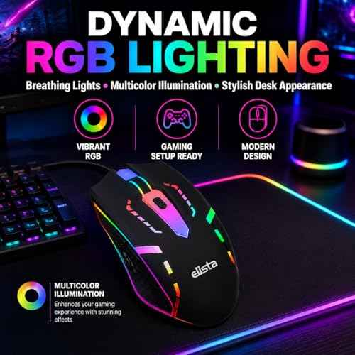 Image of Elista RGB Wired Mouse for Laptop & PC | 3 DPI Levels (800 /1000 /1200) | USB Plug & Play | LED Light Mouse | Ergonomic Design | Budget Gaming Mouse