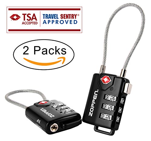 Zoppen TSA Approved Luggage Lock, Heavy Duty Combination Cable Lock for Travel Suitcase and Backpack - 2 Pack/Black