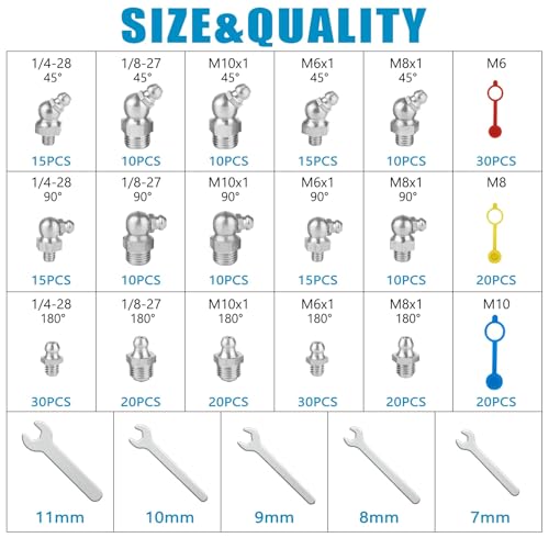 Image of 315 PCS Grease Fittings Assortment, SAE & Metric Zerk Grease Fittings Straight 45 90 Degree with Plastic Grease Fitting Cap, Wrench Kit(7-11mm) for Grease Gun Included, Red Box