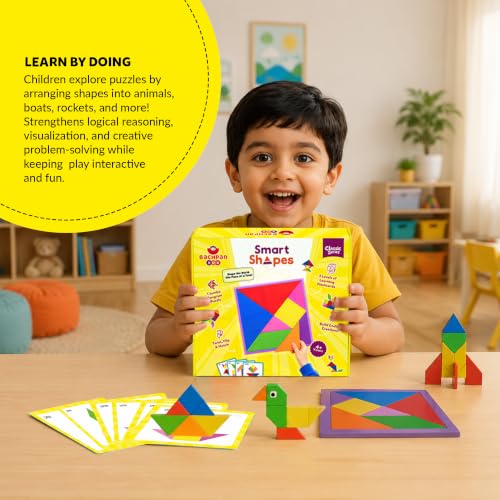 Image of Tangram Puzzle for Kids Age 3-8 | Smart Shapes Educational Learning Toy | Brain Development & Pattern Building Game | Montessori STEM Activity Kit with Flashcards | Gift for Boys & Girls