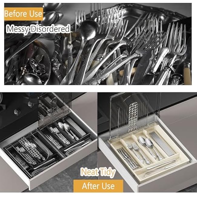 COVRA Covered Silverware Organizer for Kitchen Drawer and Countertop, 5-Compartment Cutlery Storage Box for Spoons, Forks, Knives (Black)
