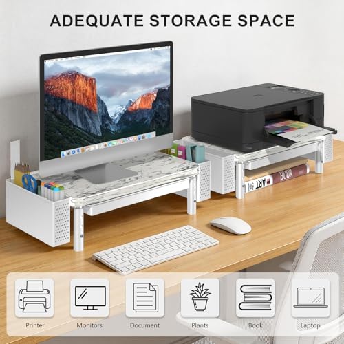 Image of WALI Computer Monitor Stand with Storage, Desk Organizer with Drawer and Pen Holder, Desk Monitor Riser 3 Height Adjustable, Laptop Riser for Computer, Laptop, Printer(PTT003-M), 1 Pack, Marble