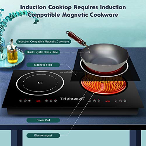 Trighteach Portable Induction Cooktop( Double Countertop Burner) 2200W Electric Stove with Digital Touch Sensor and Kids Safety Lock, 9 Power Levels Induction Cooker Suitable for Magnetic Cookware