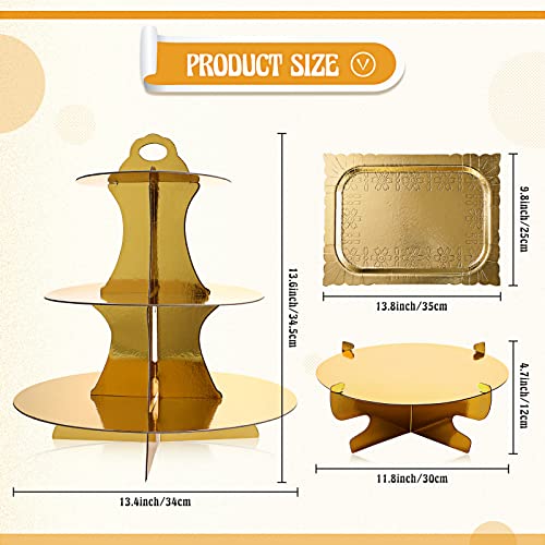 7 Pieces Cake Stand Set 3-Tier Cardboard Cupcake Stand 1-Tier Cake Stand Round Dessert Stand Rectangle Serving Tray Reusable Platters Cupcake Holders For Desserts Birthday Party (Gold) #TOP1