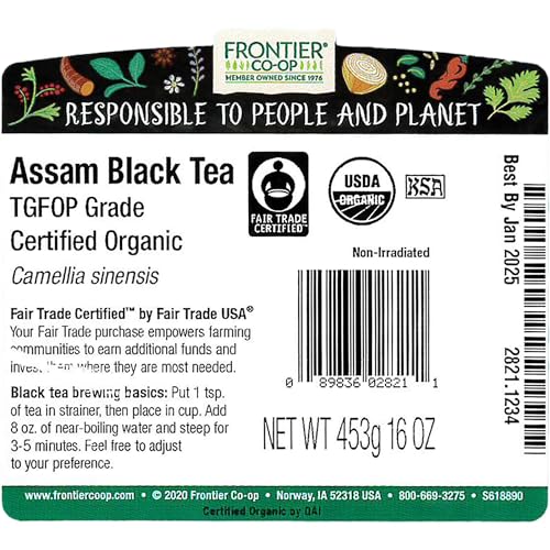 Image of Frontier Co-op Organic Fairtrade Assam Black Tea, Tippy Golden Flowery Orange Pekoe - Loose Leaf, Kosher | 16 Ounce (Pack of 1)