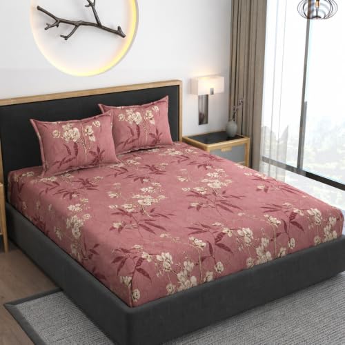 Image of Premium Heavy Cotton Elastic Fitted Bedsheets with 2 King Size Pillow Covers | Diwan Bed with All Around Elastic 350 TC | 48 x 78 x 8 Inch Diwan Size Fitted | :- Maroon Flower