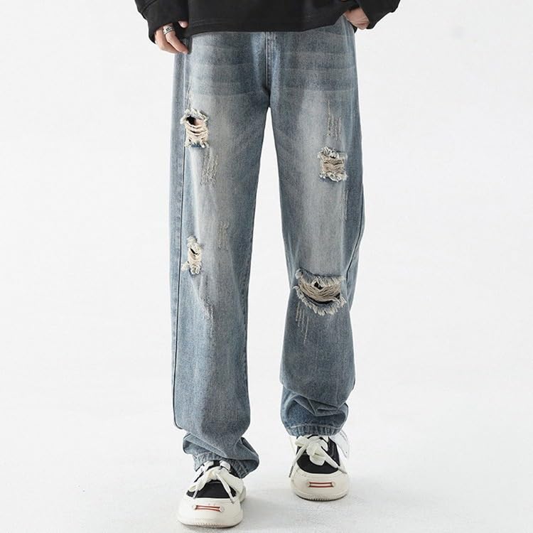Loose Jeans with Holes, Elastic Waist, Wide Legs, Casual Pants, Floor Mops2