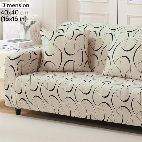 Image of HOKIPO 'Elira Series' Stretchable Cushion Cover for Sofa 16 inch x 16 inch, Pack of 2, Natural Beige Abstract Art (NEW2-4993-C4*2)