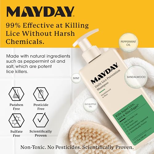 Image of MAYDAY Daily Lice Prevention Shampoo, Non-Toxic, Sandalwood & Mint, 12oz | Non-Toxic, Pesticide-Free, Scientifically Proven Lice, Super Lice & Nit Defense, Daily Use, Hair & Scalp Wellness Support