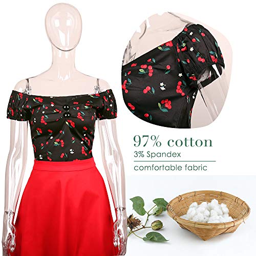 Yarn & Ink Women's Rockabilly Tops 1950S Floral Pinup Vintage Blouse Off Shoulder Shirt (Little Cherry Black Large) #TOP6