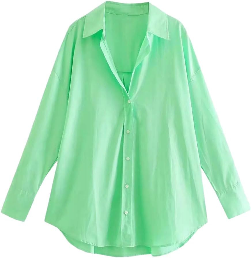 Women's Long Sleeve Button Shirt Solid Color Lapel Loose Blouses Formal Office Work Business Casual Tops