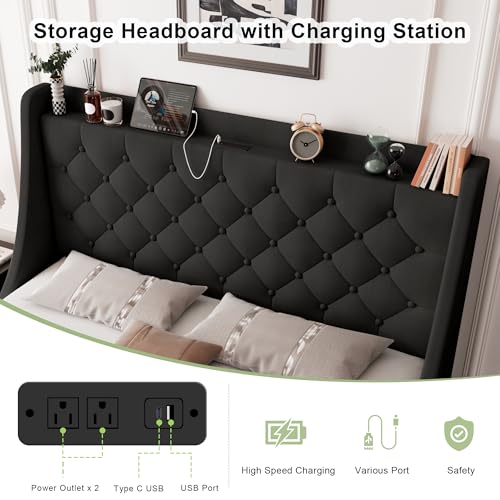 Image of Feonase Upholstered Full Size Bed Frame with 4 Storage Drawers, Large Wingback Storage Headboard, No Box Spring Needed, Black