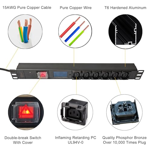 Image of 19 inch 1U 6-Outlet C13 Rack Mount PDU with Power Meter, 110-250V 15A