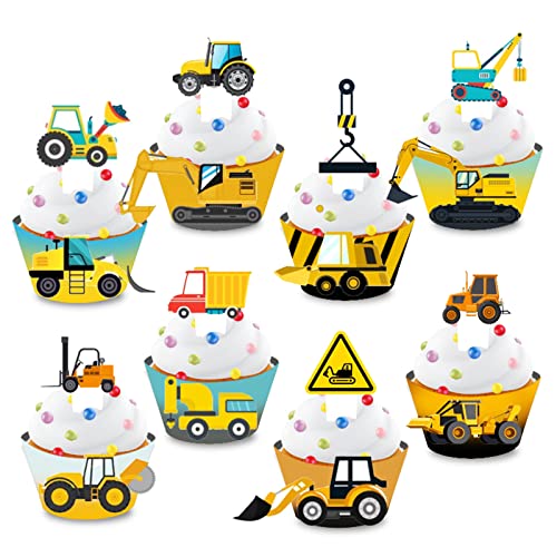 GoldRock 16 Stück Bagger Tortendeko Baustelle Muffin Deko Set, Bagger Geburtstag Cupcake Wrapper, Kuchendeko Geburtstag Junge, Tortendeko Auto, LKW Baufahrzeug Thema Küchendeko für Kindergeburtstag
