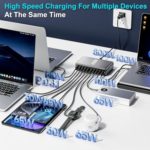 Image of 800W USB C Charger Block, Multi-port Fast USB Charging Station Dual PD 140W GaN Ⅲ Charging Station For Multiple Devices, Laptop Charger Adapter Compatible with MacBook, DELL, iPad, iPhone, Samsung etc