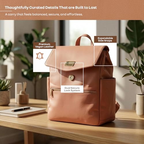 Image of R for Rabbit Caramello Bold Arise Diaper Bag for Mothers, Premium Vegan Leather with Insulated Bottle Pockets, Multi-Compartment Maternity Backpack, Fits 14 inch Laptop, 22 Litre Capacity (Sand Brown)