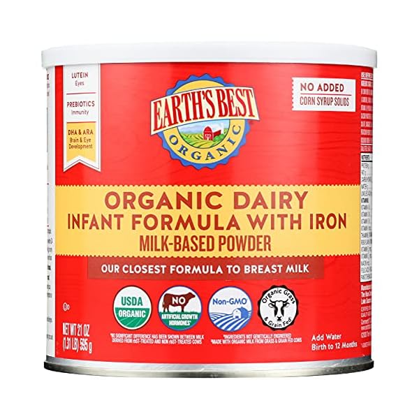 Earth's Best Organic Baby Formula for Babies 0-12 Months, Powdered Dairy Infant Formula with Iron, Omega-3 DHA, and Omega-6 ARA, 21 oz Formula Container