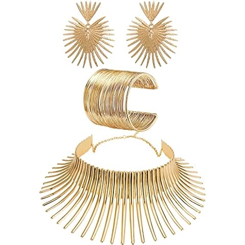 WAINIS African Collar Choker Necklace Earrings Bangle Set for Women Gold Statement Tooth Shape Tribal African Jewelry Cover