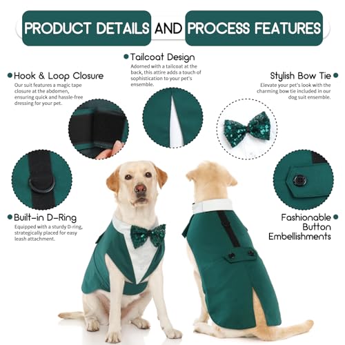 Hjyokuso Hund Smoking Anzug & Bandana Set, Hund Hochzeit Anzug, Hundekostüm für Kleine, Mittlere und Große Hunde, Hundekleidung für Hochzeit, Geburtstage, Partys, Weihnachten und Halloween - Grün