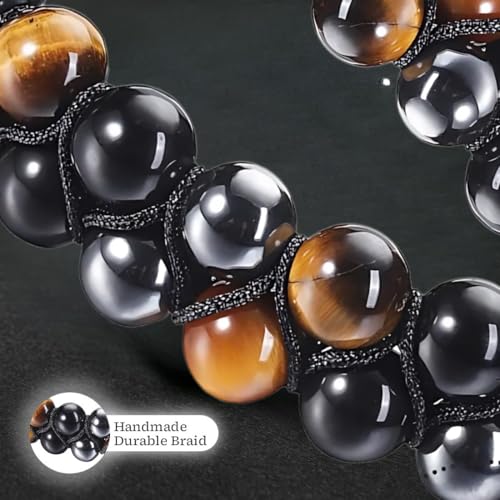 Triple Protection Bracelet I Natural Tiger Eye, Black Obsidian & Hematite Healing Crystal I 8mm Adjustable Gemstone Beads for Men & Women I4