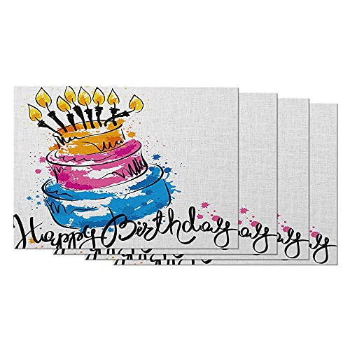 Ekobla PLACEMATS-CAN-D117 Happy Birthday Placemat Non-Slip Cotton Linen Washable Place Mats Cake Handwritten Calligraphy Blot Candles cover