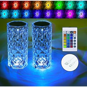 Crystal Table Lamp,RGB Rose Diamond Touch Lamps (2PACK) Color Changing Night Light for Bedroom/Living Room/Party Dinner Decor Creative Lights Housewarming Gift(Remote & Touch