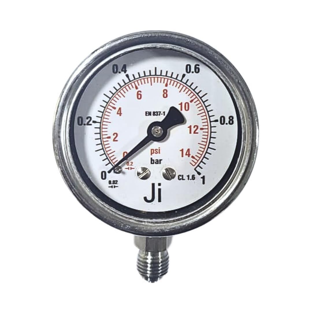 "Ji" Japsin Instrumentation Economical Pressure Gauge, 2 1/2" Dial, Range 0 to 1 bar with Dual Scale of 14 PSI, Direct Mounting Bottom Entry, 1/4" BSP (M) Connection, SS Material-image-39