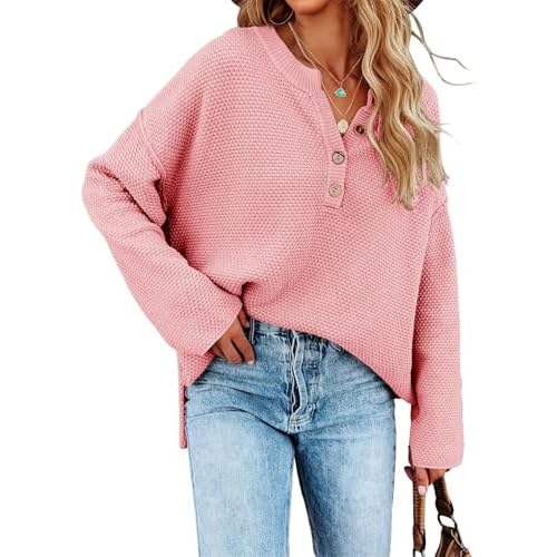 Women Oversized Sweaters V Neck Long Sleeve Tops Quarter Button Up Pullover Business Casual Clothing