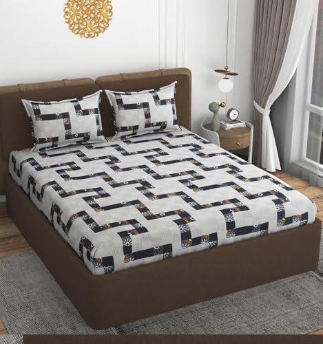 Image of VOMZER 320 TC Cotton Feel All Around Elastic Fitted Bedsheets King Size, Premium Fitted Bedsheets King Size for Double Bed with 2 Pillow Covers, Size- 78 inch x 72 inch (White Lines)