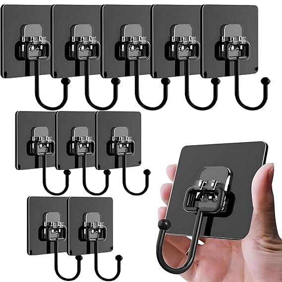 Maxxic Labaratories (Pack of 10) Self Adhesive Wall Hooks Heavy Duty for Hanging | Nail Free Sticky Hooks for Wall Heavy Items Without Drilling, Transparent Wall Hanger Hook (Black kadi 10)