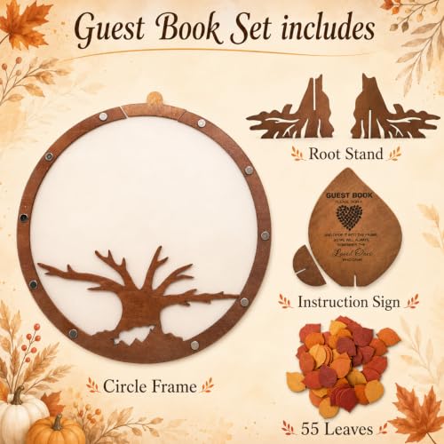 Image of PAMBO Wedding Guest Book Alternative with 55 Fall Leaves - Rustic Wooden Tree of Life Guestbook Frame, 12 inch Handcrafted Autumn Wedding Sign in Decoration & Keepsake for Reception