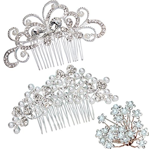 Pack of 2 Bridal Wedding Hair Comb + 20pcs Crystal Pearls Hair Pins Women Hair Side Combs Bridal Head Pin Headpiece