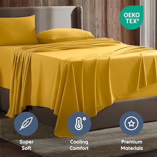 Image of Nestl Queen Bed Sheet Set - Yellow - 4-Piece Deep Pocket | Instantly Soft, Night-One Ready (No Wash Required). Fits 16-Inch Deep Pockets, 360-Degree Elastic Grip