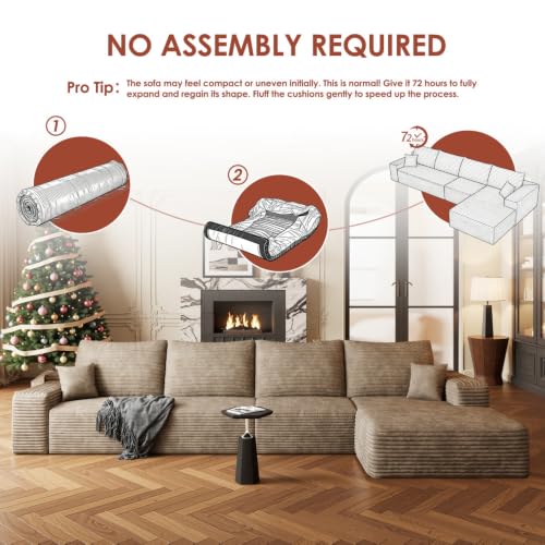 Image of Boneless Couch, Modular Sectional Couches for Living Room, U-Shaped Cloud Couch Sofa with Deep Seat, Fluffy Corduroy Upholstered Corner Sofa