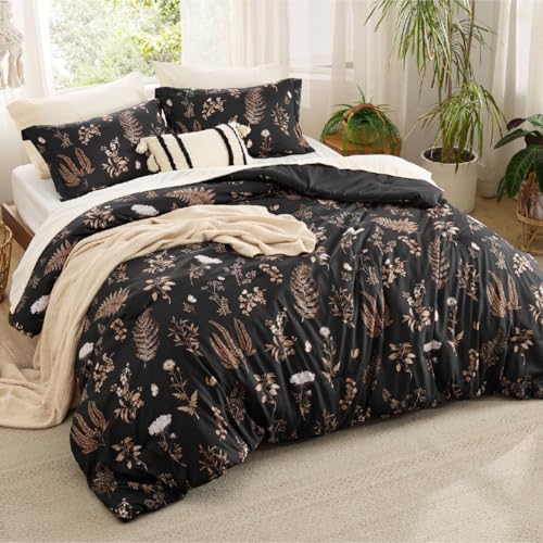 Image of Bedsure Comforter Set Queen Size - Floral Bedding Comforter Set, 3 Pieces, 1 Soft Black Comforter and 2 Pillow Shams