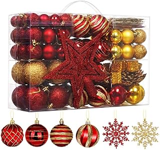 Christmas Baubles Ornamets 145pcs, HOUISM Shatterproof Balls Hanging Decorations with Pre-Hanged Hanging Strings, Red Gold Hand-Painted Xmas Balls for Holiday Party Decor (36Hooks Included)