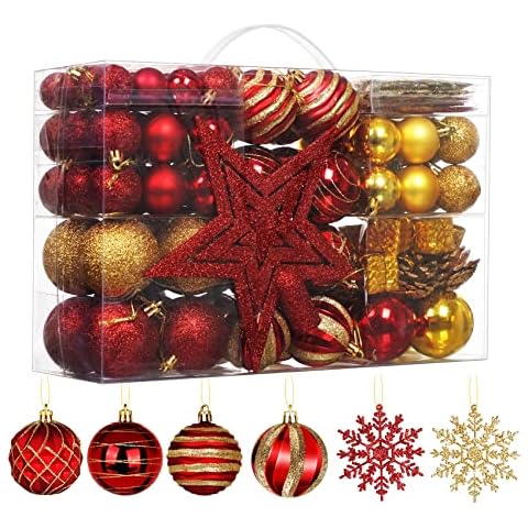 Christmas Baubles Ornamets 145pcs, HOUISM Shatterproof Balls Hanging Decorations with Pre-Hanged Hanging Strings, Red Gold Hand-Painted Xmas Balls for Holiday Party Decor (36Hooks Included) Cover
