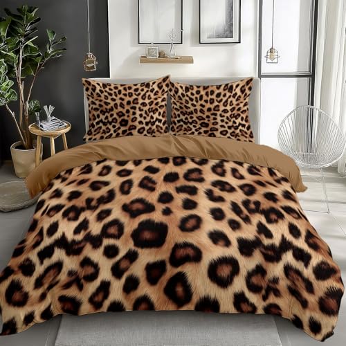 CozyRest Enfants Adulte Parure de Lit 90 x 190 cm Imprimé léopard Tendance Motif Housse de Couette Polycoton avec Fermeture Eclair, Brun Literie avec 1 Taies...