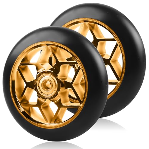 2 Stück Stunt Scooter Rollen 110 mm, Scooter Ersatzräder, 88A Rollerräder für Stunt mit ABEC-9 Lager Aluminium Speichenkern, ErsatzräderScooter Räder für allerlei(Gold, Bohren)