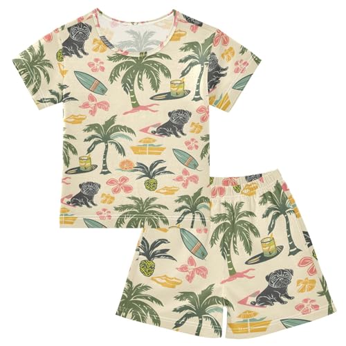 ALAZA Pug Dog Palm Tree Pineapple Pajamas Short Sleeve 2 Piece Sleepwear Top and Bottom Pajama Set Unisex
